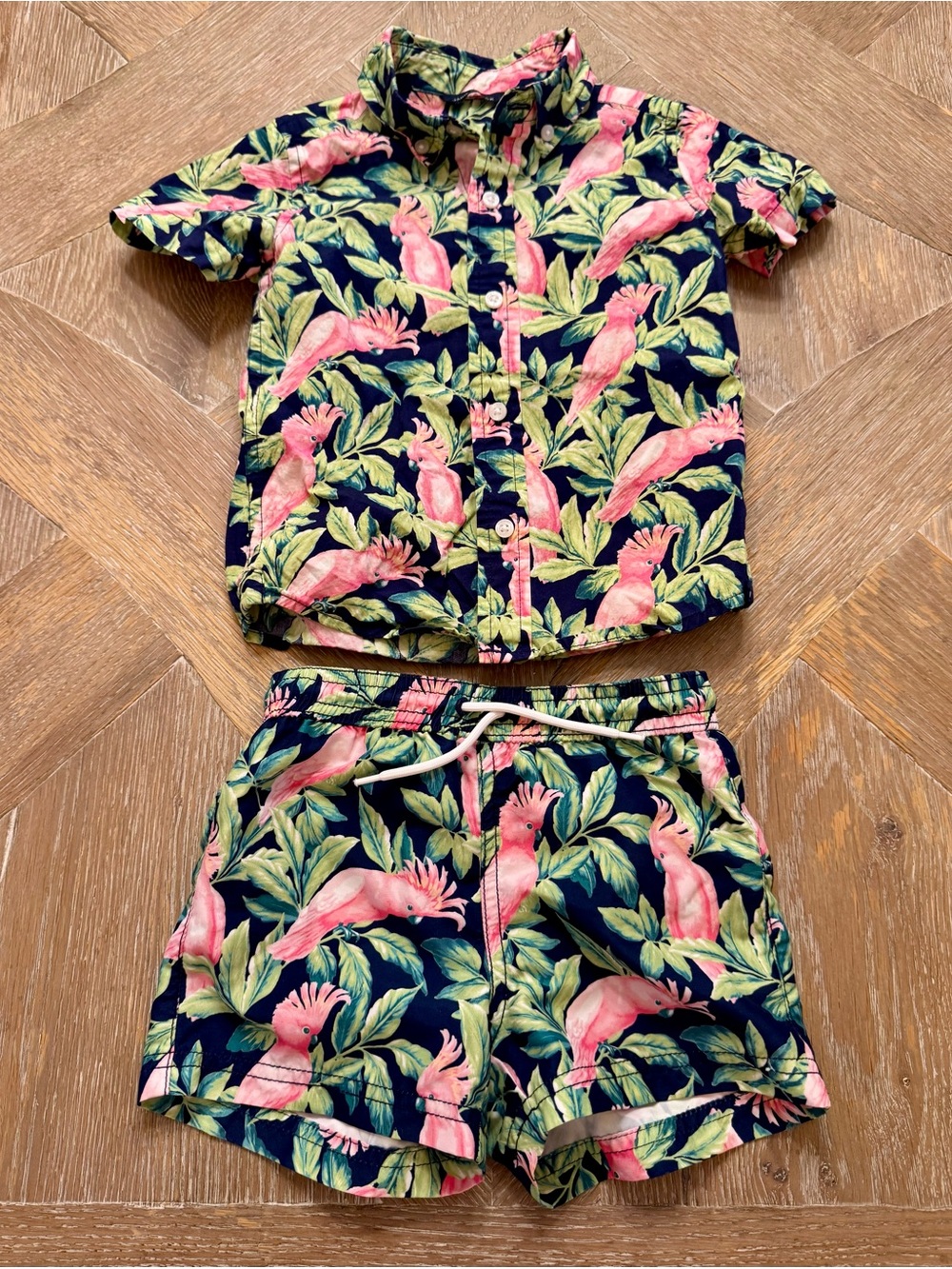 Janie and Jack 2T Tropical Cockatoo Button-Up Shirt & Swim Trunks Set